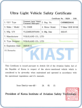Certificate of Safety Certification for Ultra-Light Aircraft(Heavy-Duty Delivery Drone(VL-2240R)